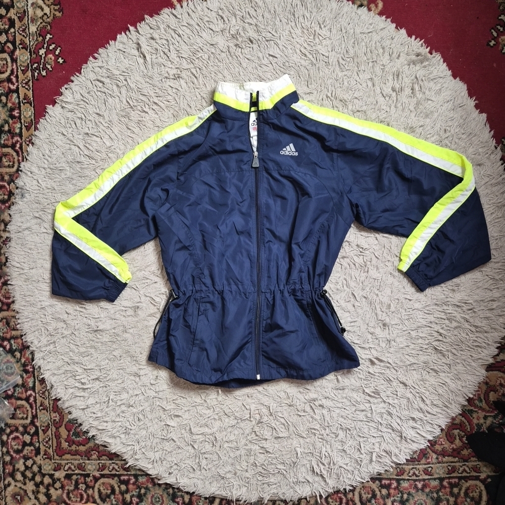 Womens Vintage Adidas Jacket Windbreaker Full Zip Navy Blue Neon Yellow White ✨️